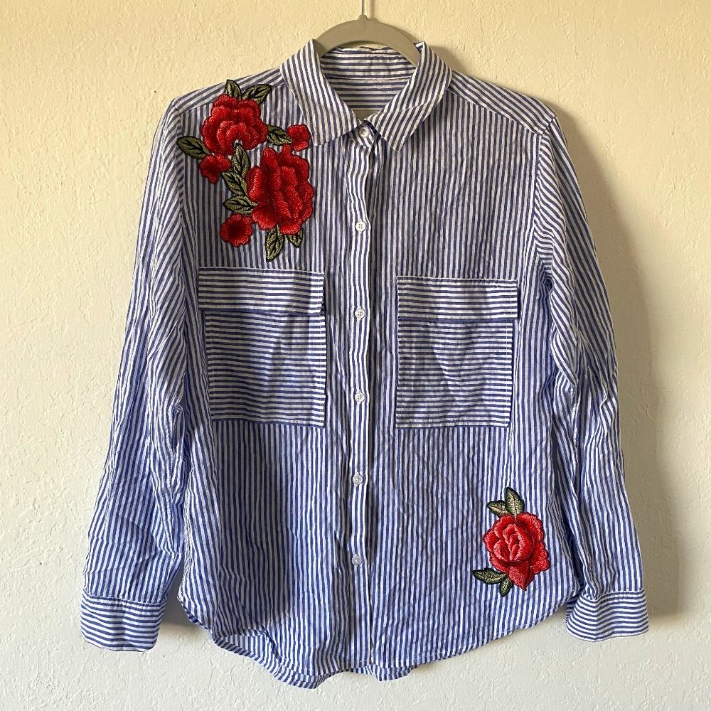 Rails Womens Blouse Size XS Frances Banker Stripe Floral Patch Button Down Shirt
